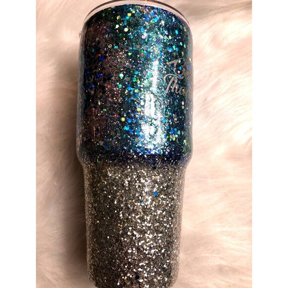 Alcohol Ink Tumbler 30 oz Stainless Steel Insulated Travel Mug Blue & Silver Cup - Picture 5 of 10